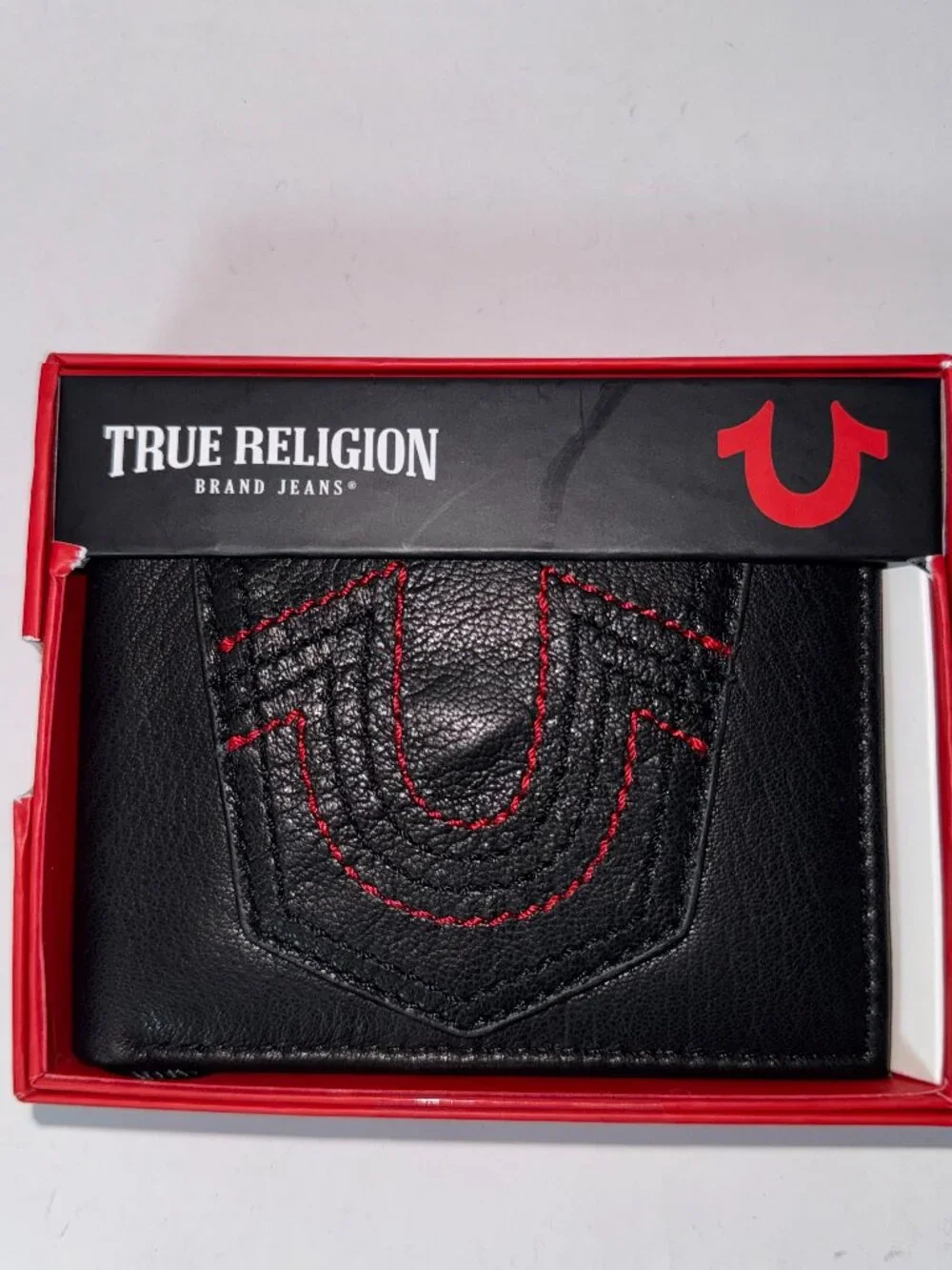TRUE RELIGION Black Leather Bifold Wallet Logo Boxed RFID & removable ID Window